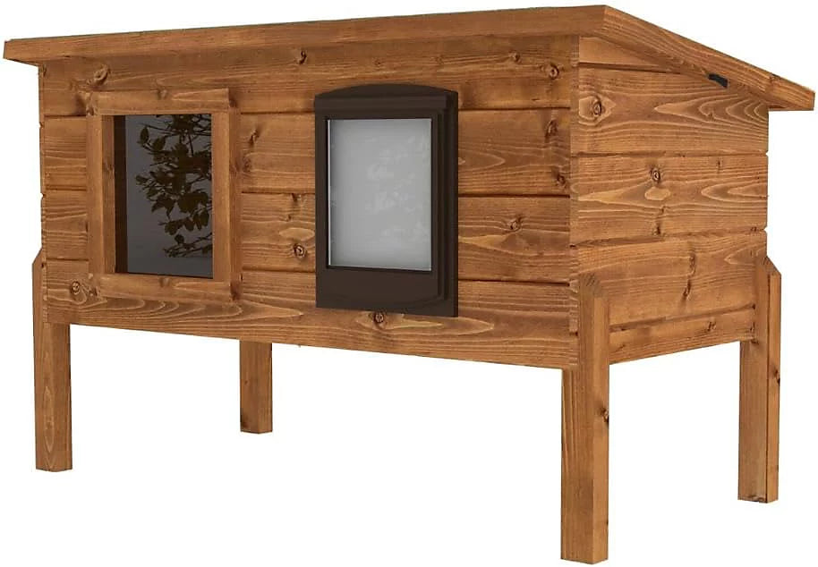 Wooden outdoor cat house with cat flap and window for cosy pet shelter